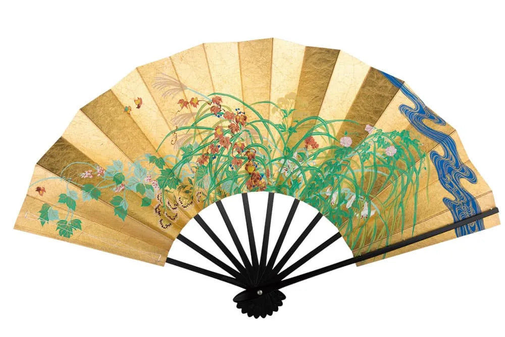 Double-sided Decorative Kyoto Fan "Gods of Wind and Thunder / Flowering plants of summer and autumn"