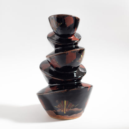 Mashiko Ware: Black Glaze Red Enamel Stacking Moon-shaped Vase