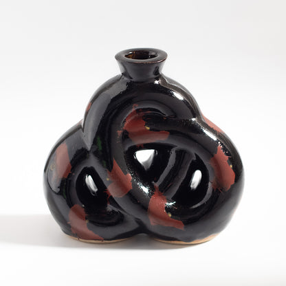 Mashiko Ware: Black Glaze Red Enamel Knotted Flat Vase