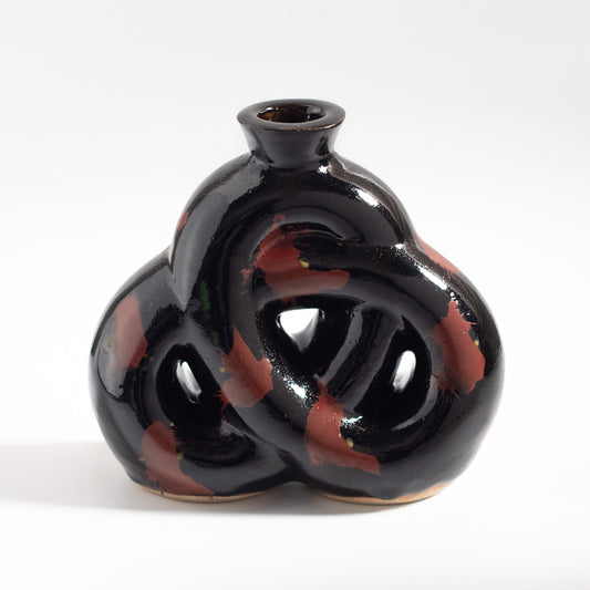 Mashiko Ware: Black Glaze Red Enamel Knotted Flat Vase