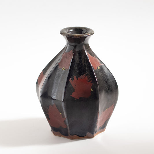 Mashiko Ware: Black Glaze Shinogi Carved Red Enamel Flower Vase