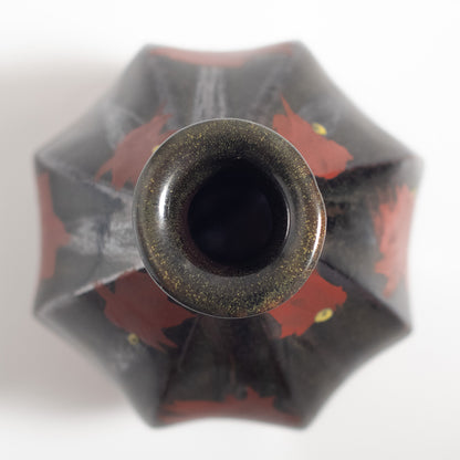 Mashiko Ware: Black Glaze Shinogi Carved Red Enamel Flower Vase