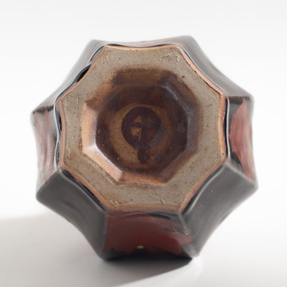 Mashiko Ware: Black Glaze Shinogi Carved Red Enamel Flower Vase