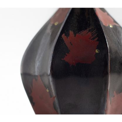 Mashiko Ware: Black Glaze Shinogi Carved Red Enamel Flower Vase