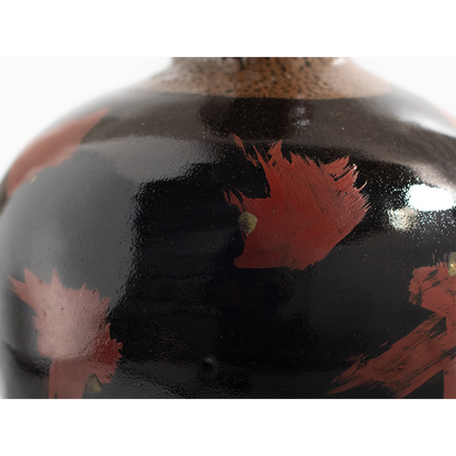 Mashiko Ware: Black Glaze Red Enamel Flower Vase