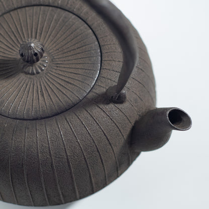 Iron Kettle with Vertical Stripe Pattern and Flat Circular Shape