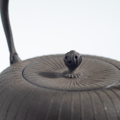 Iron Kettle with Vertical Stripe Pattern and Flat Circular Shape
