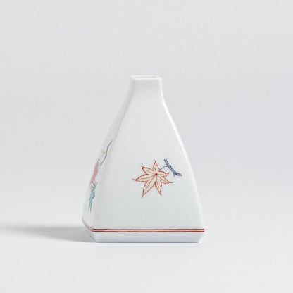 Arita Ware: Triangular Single-flower Vase with Overglaze Enamel Design of Maple Leaves