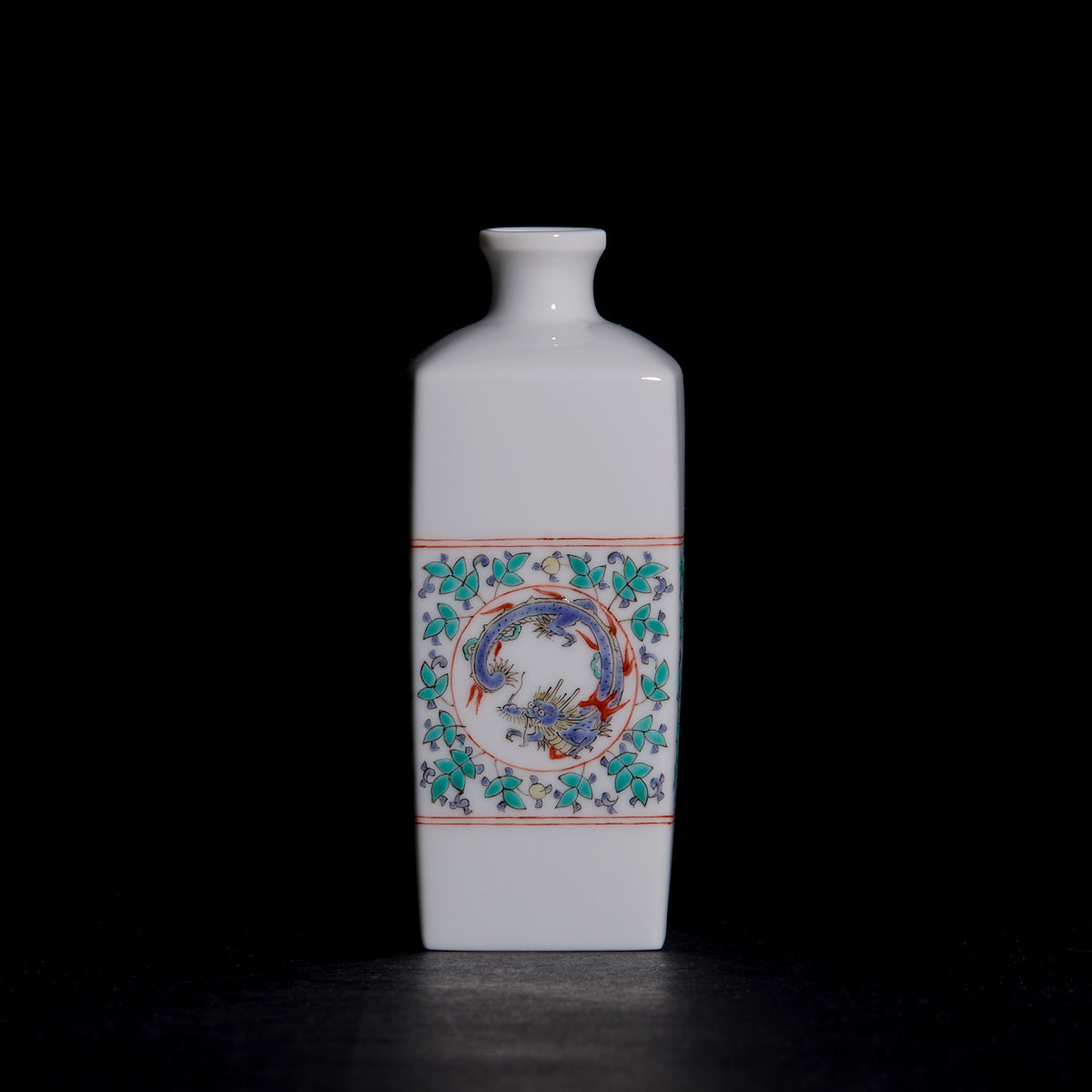 Arita Ware: Single-Flower Vase with Overglaze Enamel Dragon and Phoenix Design, Slender Angular Form