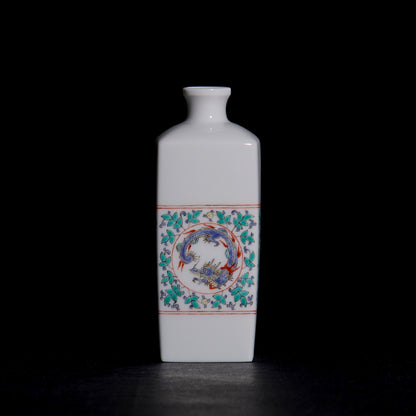 Arita Ware: Single-Flower Vase with Overglaze Enamel Dragon and Phoenix Design, Slender Angular Form